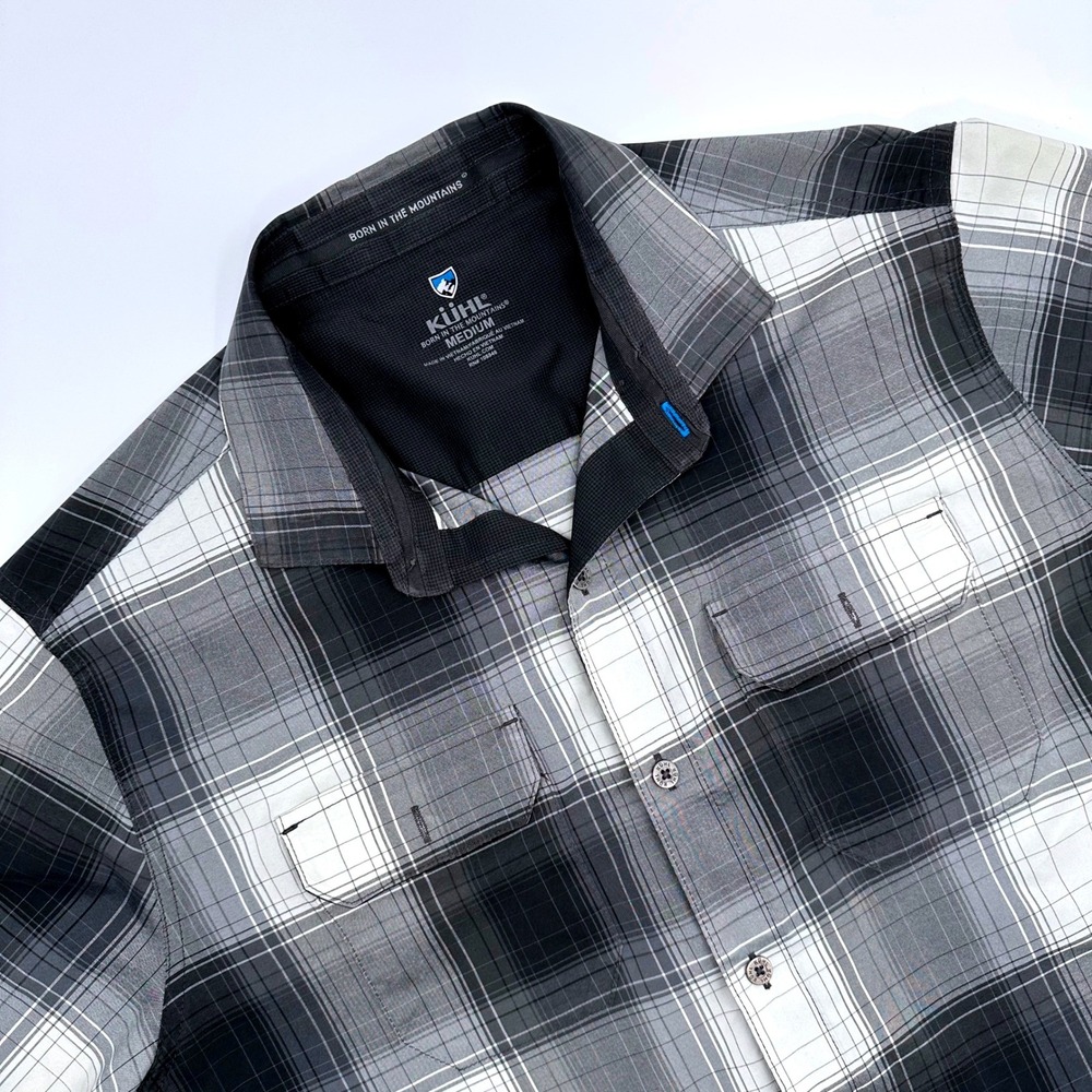 Kuhl Mens Medium Short Sleeve Plaid Button Down Shirt‎ Black Grey Outdoor Hiking